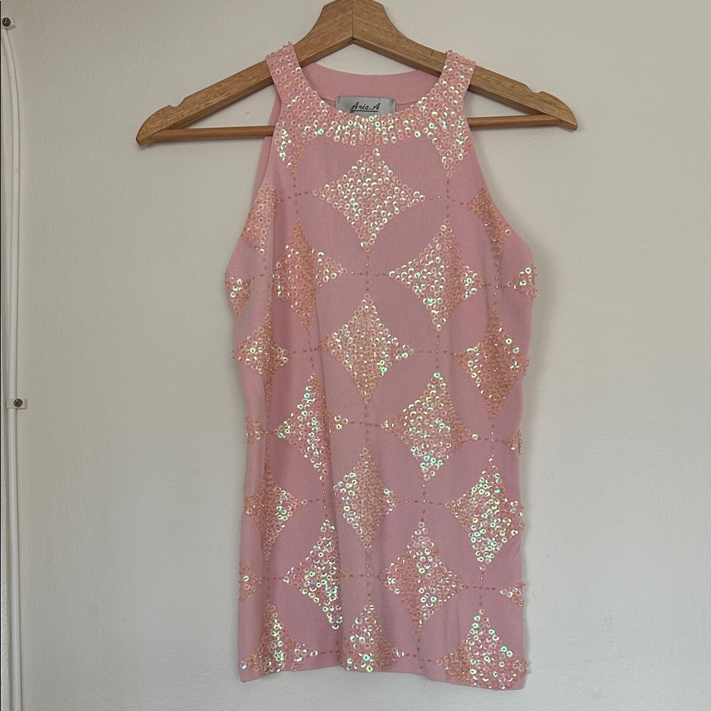 VTG 80s Baby Soft Pink Sequined High Neck Halter Sweater Top Size Large